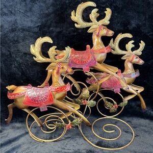 Festive Red Gold Metal Artwork Prancing Reindeer Christmas Holiday Centerpiece